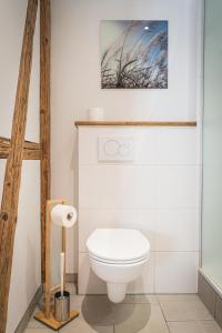 a bathroom with a toilet and a picture on the wall at Hopfenalm in Ilmmünster +9 photos