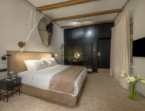 a bedroom with a large bed and a television at Artagonist Art Hotel in Vilnius