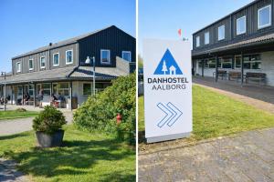 two pictures of a building with a sign in front of it at Danhostel Aalborg in Aalborg