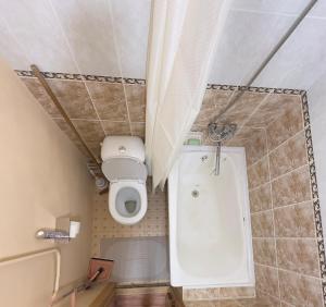 a small bathroom with a toilet and a shower at Апартаменты 3а in Aktau