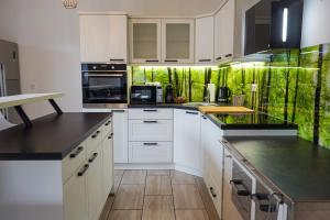 a kitchen with white cabinets and black counter tops at Bloom Residence Gomzi in Naklo