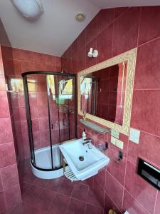 a bathroom with a sink and a shower at Rybaczówka Golub-Dobrzyń in Golub-Dobrzyń +22 photos