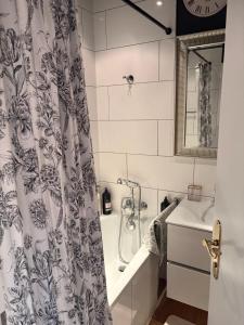 a bathroom with a shower curtain and a tub and a sink at Hideaway Palais Auersperg in Salzburg