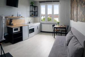 a kitchen with a sink and a table in a room at La Villa Pauze in Royat