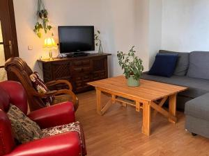 a living room with a table and a couch and a tv at La Campanera in Las Navas del Marqués