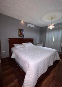 a bedroom with a large bed with a white blanket at Bomi Bar in King Faro