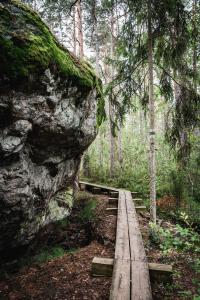 eine Holzbrücke in einem Wald neben einem großen Felsen in der Unterkunft Old Silent in Hara