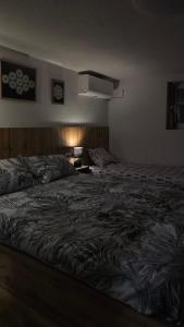 a hotel room with two beds and a lamp at Lex Apartments KS in Prizren