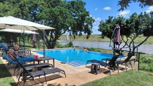 a pool with chairs and an umbrella next to a river at Crocodile Bridge Safari Lodge in Komatipoort