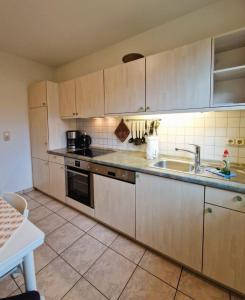 a kitchen with wooden cabinets and a sink at Neue Liebe - Wohnung 1 in Groß Kirr