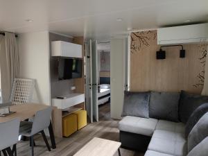 a living room with a couch and a table at Camping La Marmotte in Ax-les-Thermes