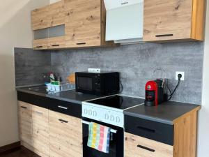 a kitchen with a stove and a microwave at Apartments near Noblessner in Tallinn
