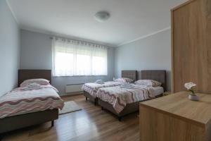 a bedroom with three beds and a table and a window at Apartments Slavek in Jastrebarsko