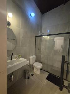 a bathroom with a toilet and a sink and a shower at Kitnet Vale do Amanhecer - Templo Mãe in Planaltina