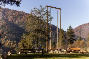 a park bench in a field with a mountain in the background at Veres Hill in Tukhlya +8 photos