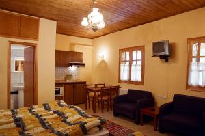 a living room with a bed and a kitchen at Epavli Antonis in Konitsa