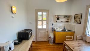 a kitchen with a counter with a microwave on it at Gaia in Agios Georgios +20 photos