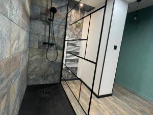a shower with a glass door in a bathroom at The 8 in Lunéville