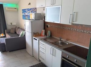 a small kitchen with a sink and a refrigerator at Apartment Sutalo with Hot Tub in Komarna