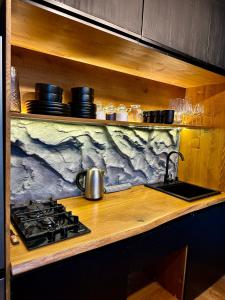a kitchen with a stove and a counter top at Шале Ротило in Krivopolʼye +67 photos