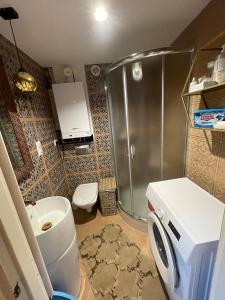 a small bathroom with a toilet and a shower at Marokanski domek in Mielnik