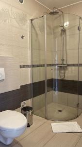a bathroom with a toilet and a glass shower at Hotel & Appartements Acqua Dolce in Porticcio +10 photos