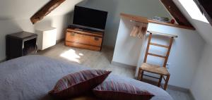 a bedroom with a bed and a tv and a chair at La maison de poupées in Bourseul