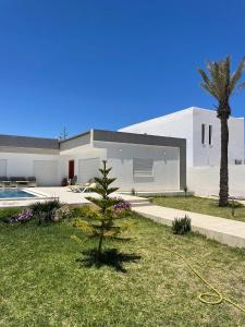 a house with a palm tree and a hose at Villa Assef in Midoun