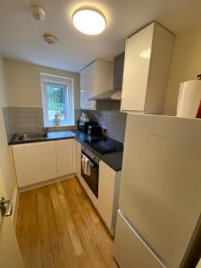 a kitchen with a refrigerator and a stove top oven at Riverside 2 Bedroom Apartment - Central Location in Kingston upon Thames
