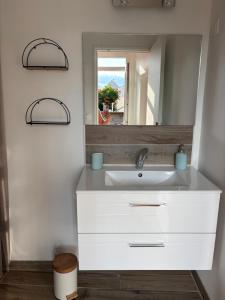 a bathroom with a white sink and a mirror at La Petite Maison in Arsy +24 photos