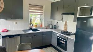 a kitchen with gray cabinets and a sink and a stove at Holiday Beach House Hellevoetsluis in Hellevoetsluis +13 photos