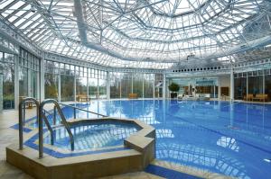a large indoor swimming pool with a glass ceiling at Hilton Birmingham Metropole Hotel in Bickenhill