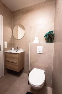 a bathroom with a toilet and a sink and a mirror at La casa del Platana in Domagné +15 photos