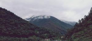 a view of a mountain with clouds on it at Hotel Dharohar in Gopeshwar