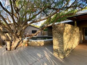 a patio with a tree and a stone wall at Kamala Karoo Sanctuary in Barrydale