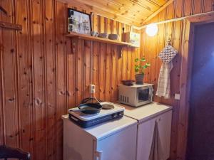 a kitchen with a stove and a microwave at Långseruds Stugby Nature Cabins in Byn