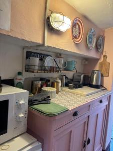 a kitchen with a counter top with a microwave at adagio b&b in Faenza