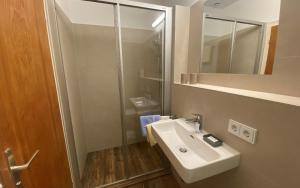 a bathroom with a white sink and a shower at Pension Max Schraml in Grundlsee