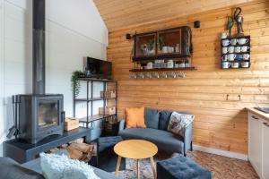 a living room with a couch and a fireplace at Czaplowisko - skandynawskie domy na Kaszubach in Stare Czaple