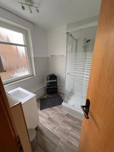 a bathroom with a glass shower and a sink at Ferienwohnung zum Pferdeblick in Bad Bentheim +8 photos