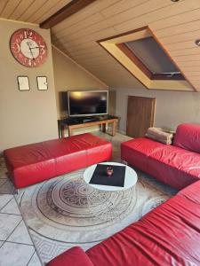 a living room with two red couches and a tv at Lieblingsplatz in Ebersburg