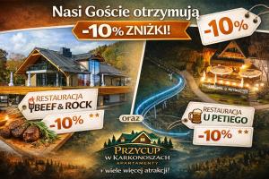 a flyer for a resort with a picture of a house at Przycup w Karkonoszach Apartamenty APARTAMENTY W OKOLICY KARPACZA 7 MINUT OD KARPACZA Marczyce SosnówkaKarkonosze, Karpacz, Szklarska Poręba- Sauna Fińska in Karpacz
