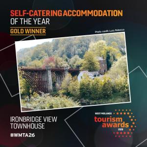 a flyer for a golf tournament with a picture of a bridge at Ironbridge View Townhouse - WINNER 2026 UK MOST PICTURESQUE SELF-CATERING HOLIDAY HOME & 2026 SELF-CATERING ACCOMMODATION OF THE YEAR in Ironbridge