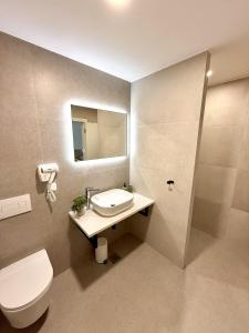 a bathroom with a toilet and a sink and a mirror at Cloud9 Airport Suites in Močići