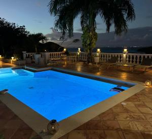a large blue swimming pool at night at Villa Joëlle in Anse Marcel 