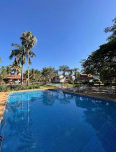 a large blue swimming pool with palm trees in the background at Rosa Spa e Pousada in Aparecida de Goiânia