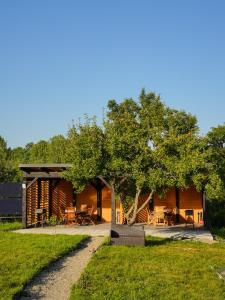 a log cabin with a table and chairs under a tree at Vino Chalets Bran in Sohodol