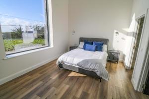 a bedroom with a bed with blue pillows and a window at An Tobar in Ballina