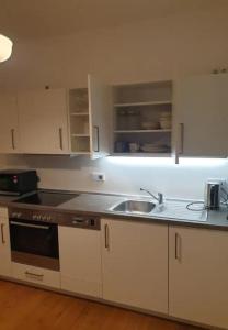 a kitchen with a sink and a stove at Gemütlich wohnen nahe Frankfurt in Karben