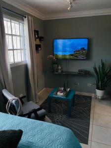 a living room with a flat screen tv on a wall at Independent, central studio Apt3-A in El Seis